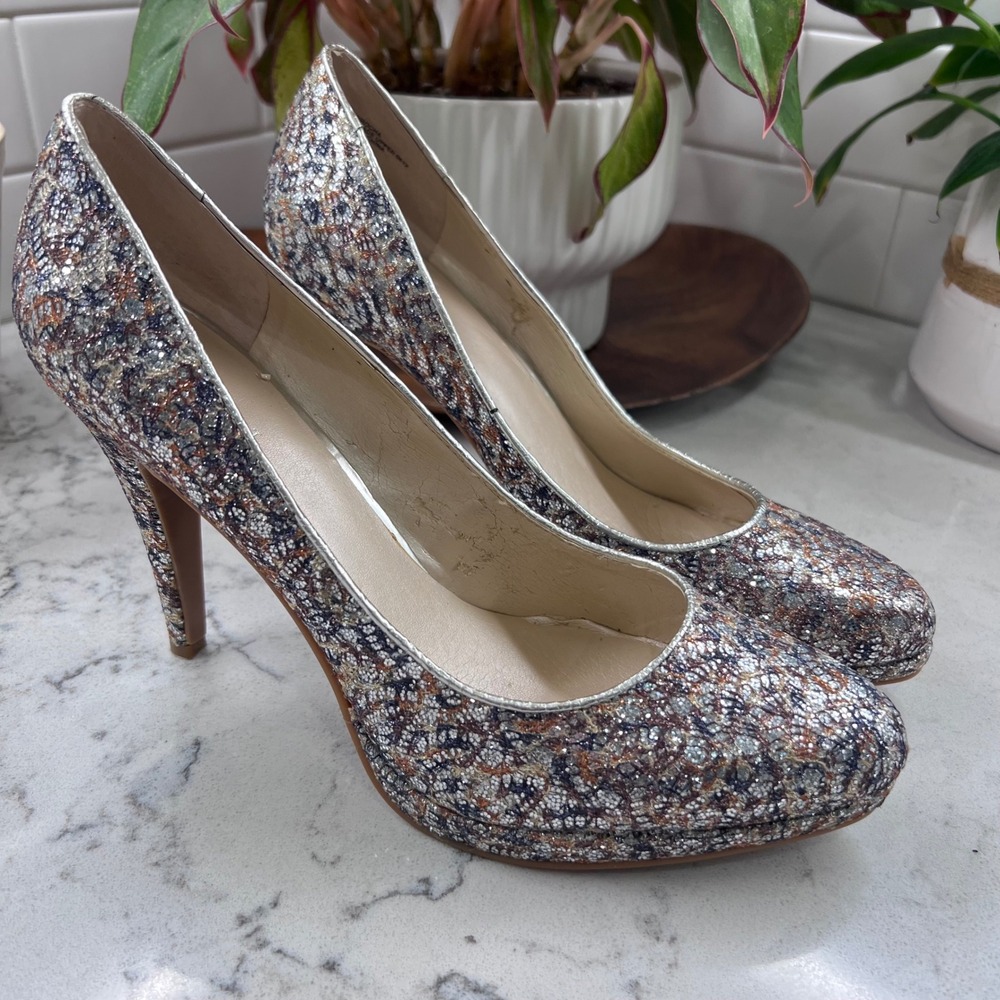 Womens Metallic Glitter Platform Pumps Silver Gold Bronze Almond Toe Heels 10M